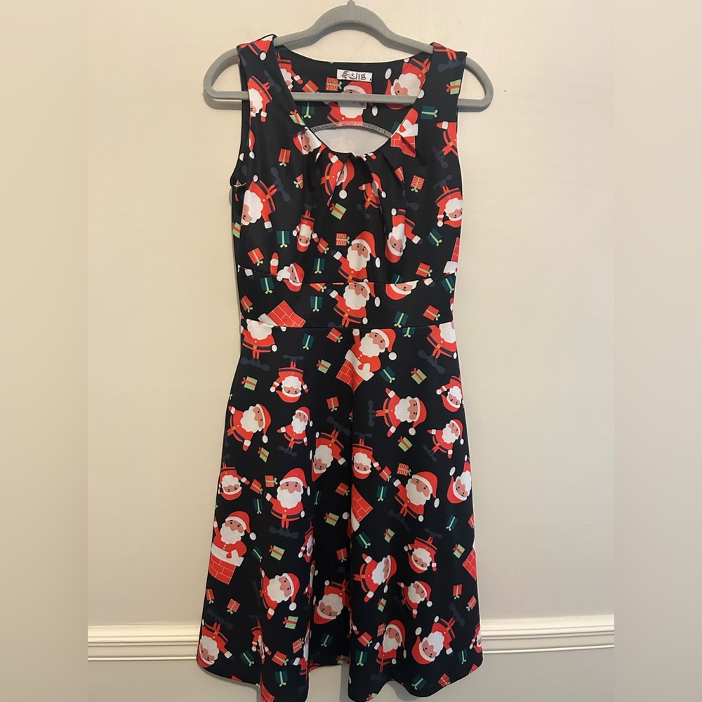 Slig Santa Claus Christmas Print Empire Waist Black & Red Dress Sz M Medium